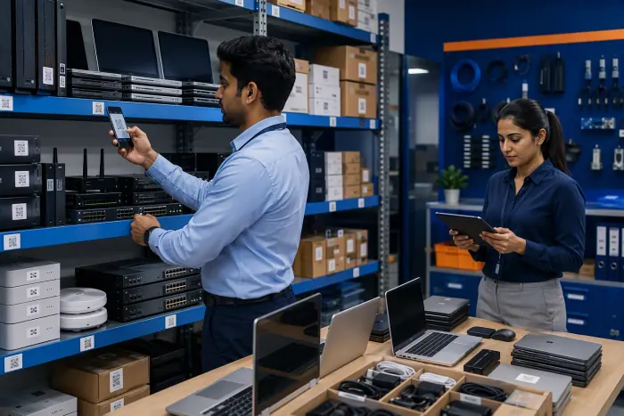 Team scanning QR asset tags on routers, laptops and other IT equipment during an inventory audit