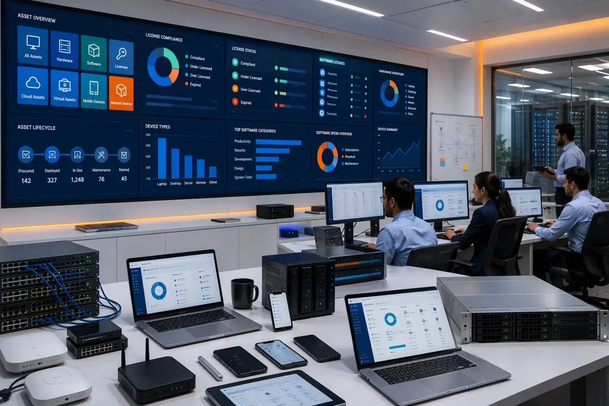 Enterprise IT asset inventory showing company hardware and software license visibility