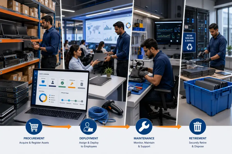 Company hardware moving through procurement, assignment, maintenance and retirement