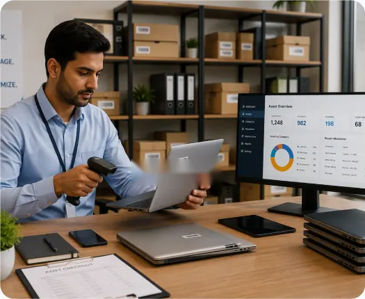 Employee scanning a company laptop next to an asset overview dashboard