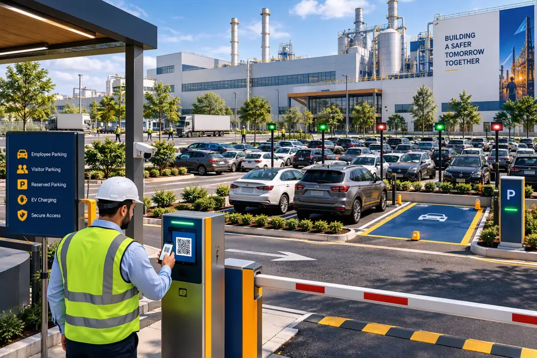 Manufacturing parking lot with many cars and QR slot access