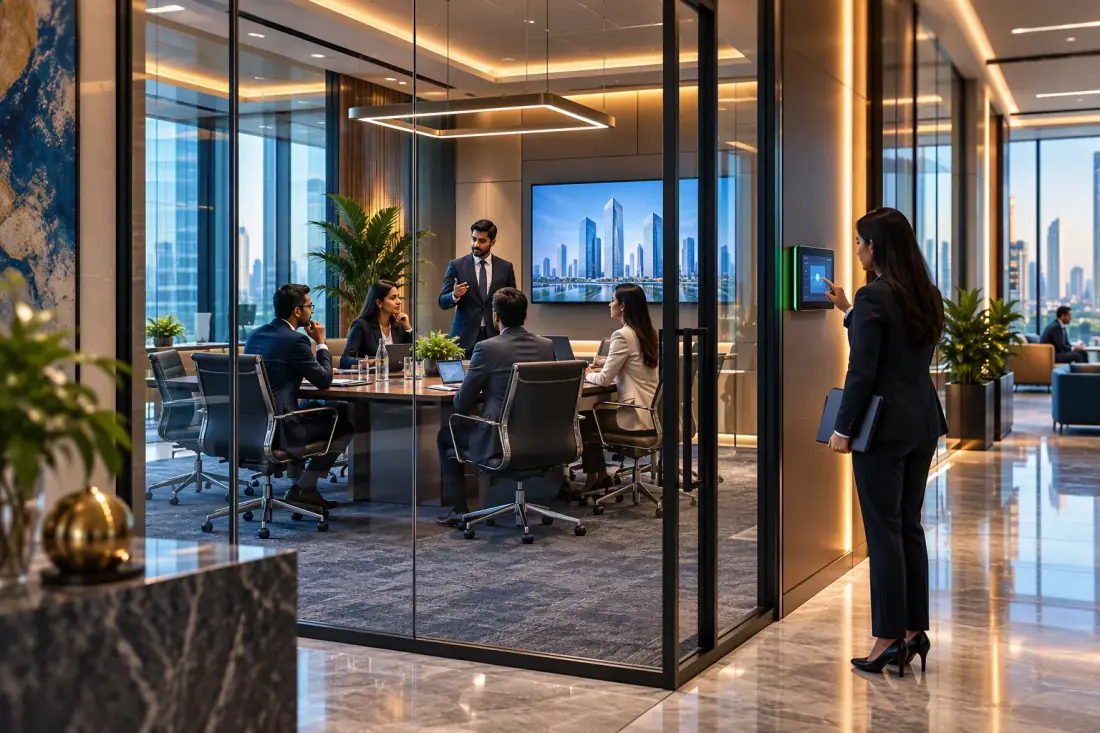 Glass conference room with a room-booking display beside the entrance