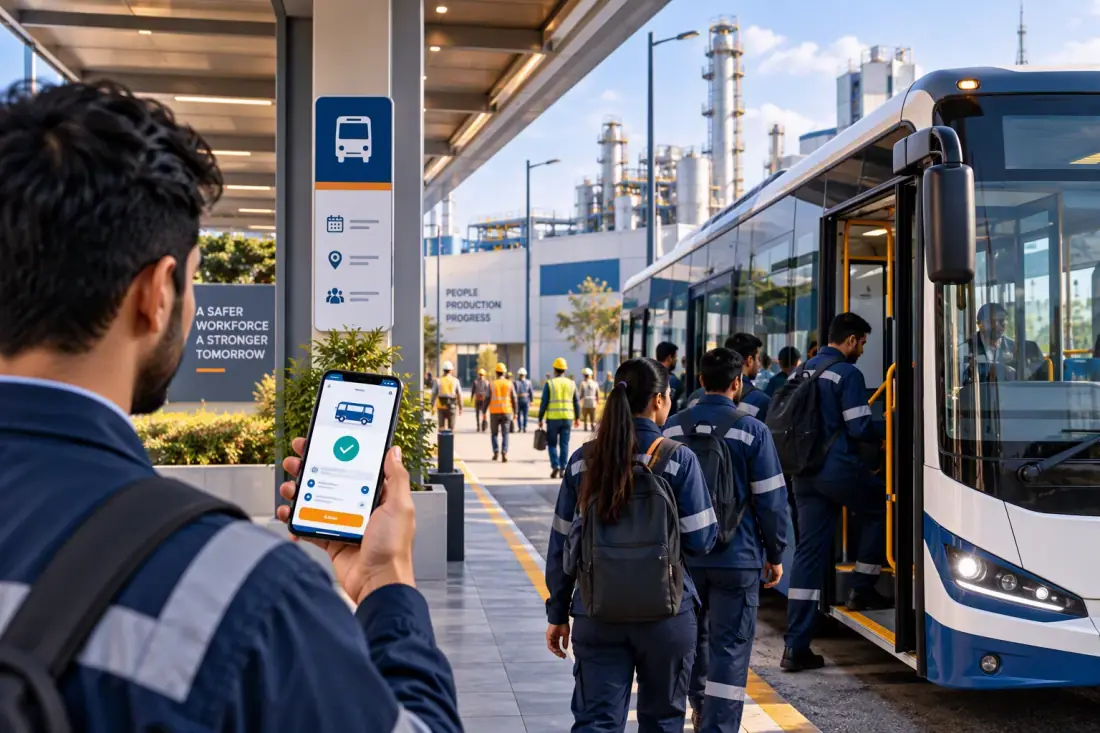 Employees boarding company bus after digital booking