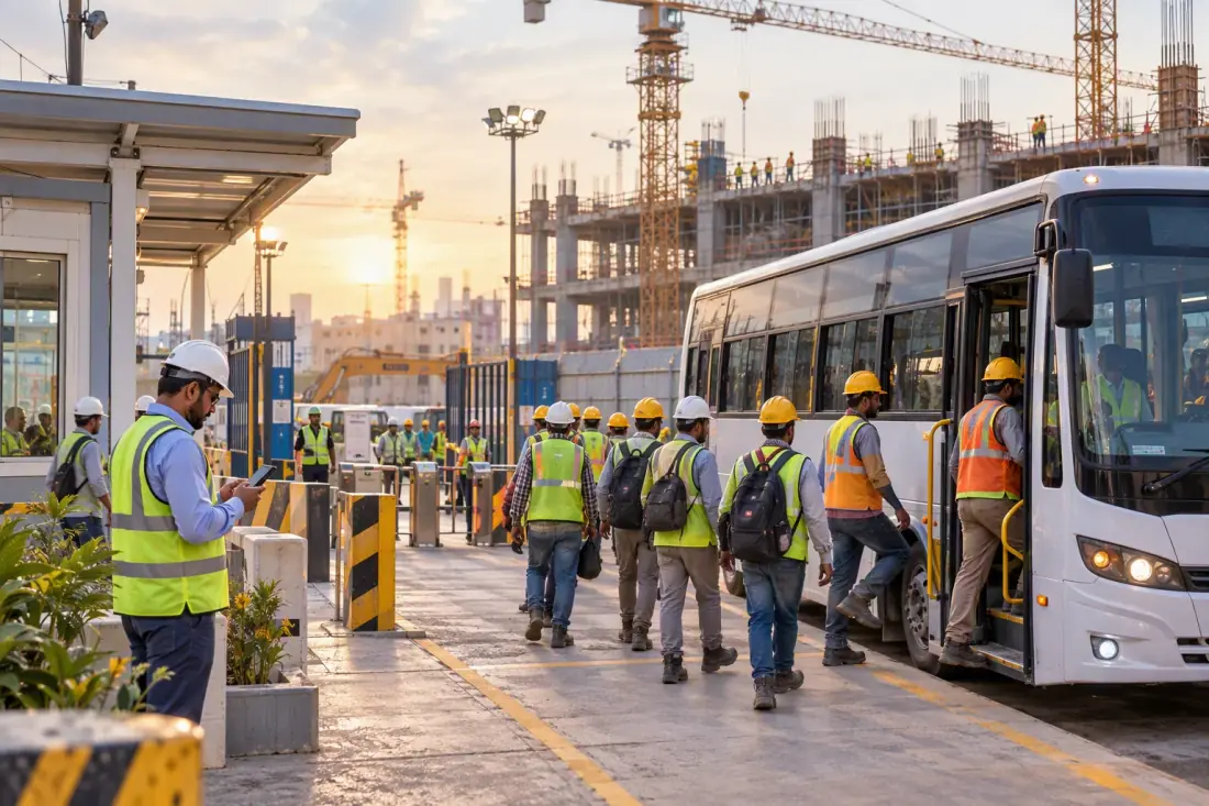 Construction workforce boarding employee transport at an active project
