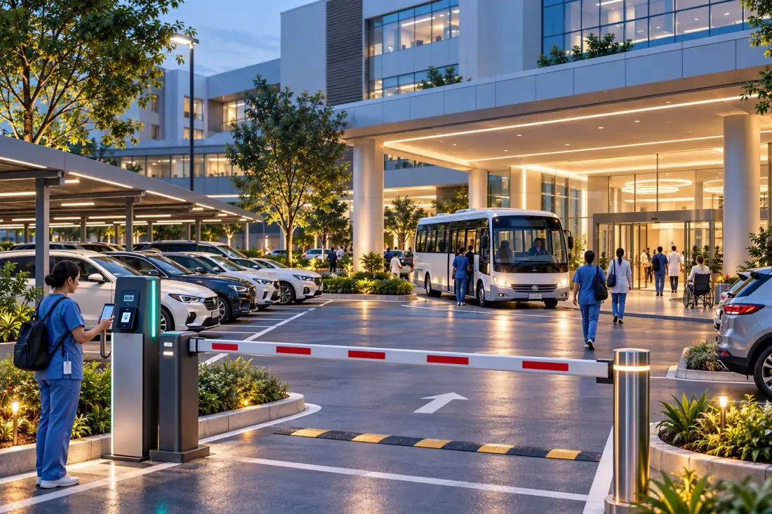 Hospital campus with employee shuttle vehicle, cars, parking spaces and controlled parking access
