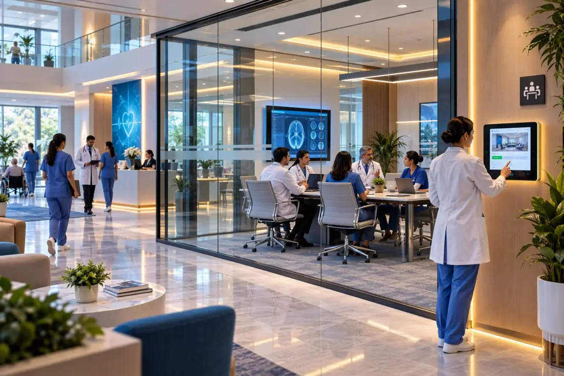 Healthcare staff meeting inside a glass room with a digital room booking panel
