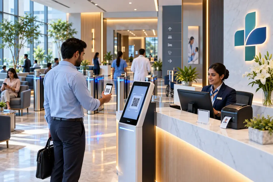 Hospital visitor scanning a QR code at a digital reception kiosk