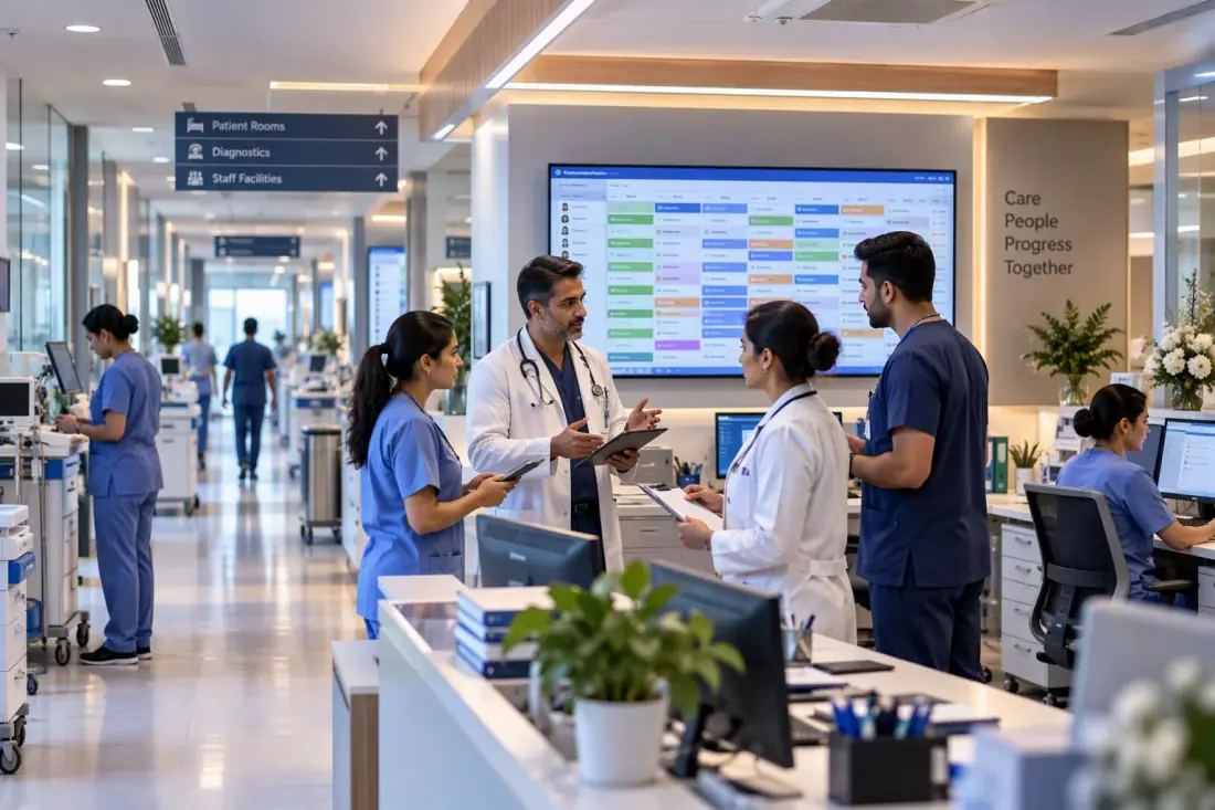 Healthcare staff coordinating workforce schedules inside a hospital