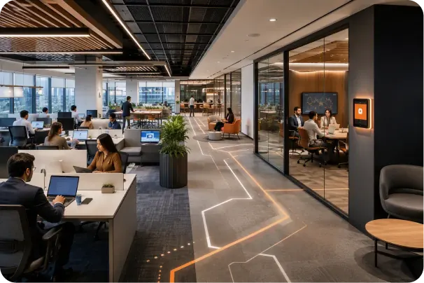 Employees working at shared desks in a modern open office