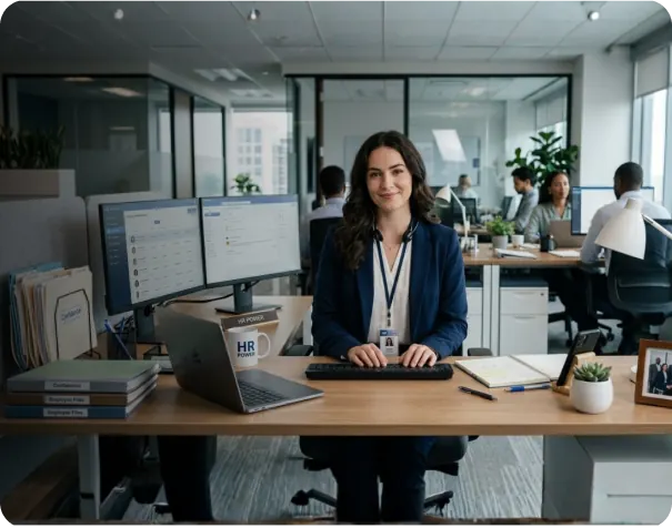 HR professional at her desk in a busy office
