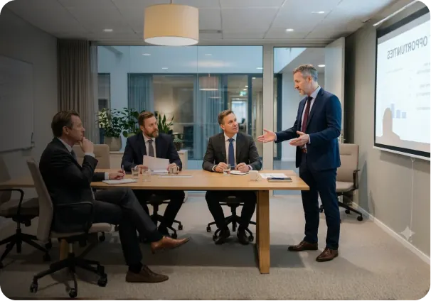 Colleagues in a meeting room discussing a presentation