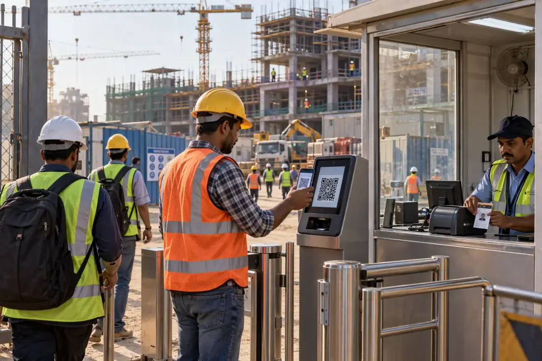 Construction workers checking attendance at a site entry terminal