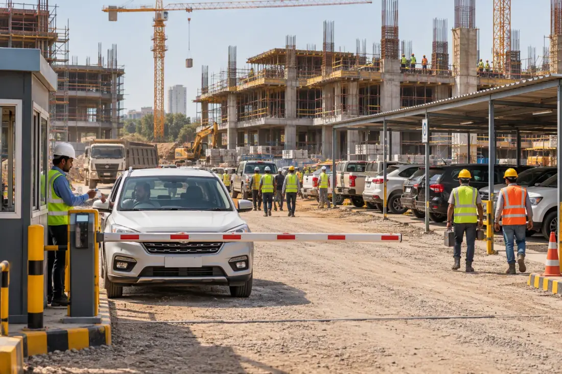 Cars and utility vehicles in controlled parking at an active construction project