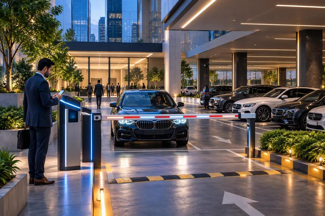 Corporate parking entrance with cars, marked bays and controlled access barrier