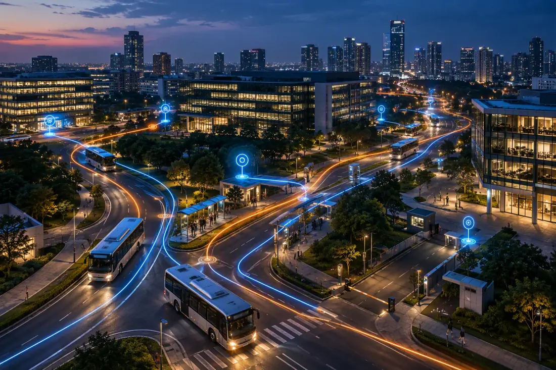 Corporate shuttle network connecting office locations across a city