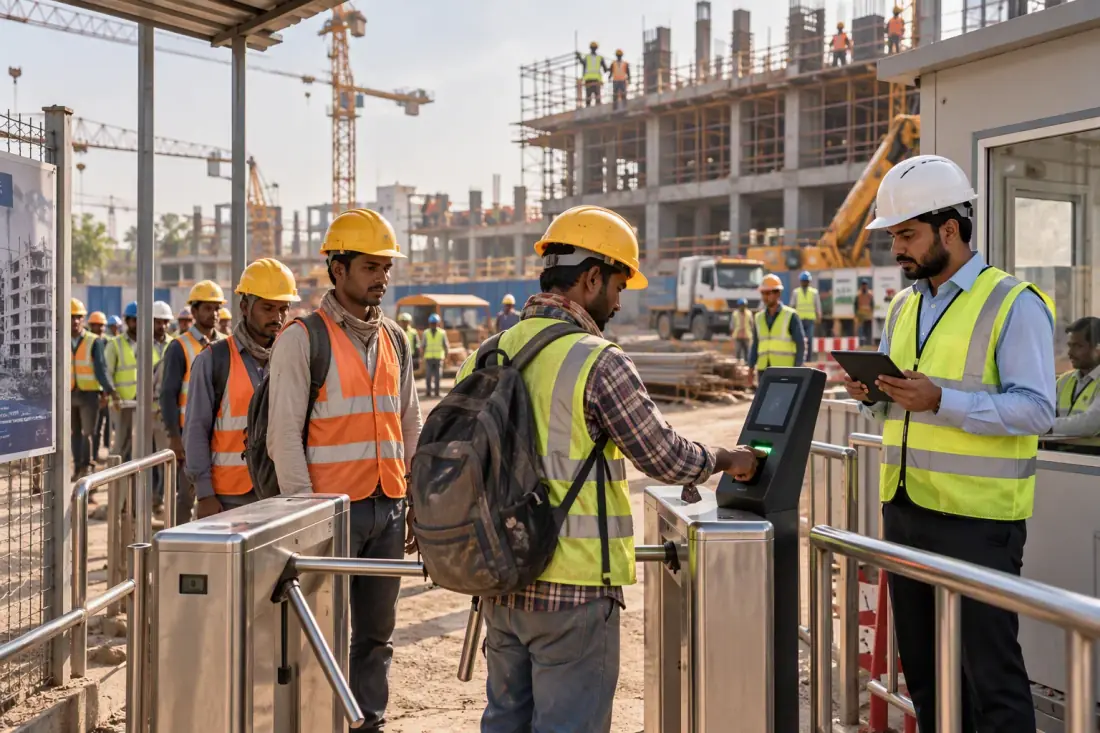Contractor scanning a QR code at a construction site access gate