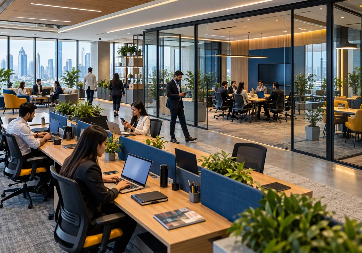 Hybrid workplace with flexible desks and meeting spaces