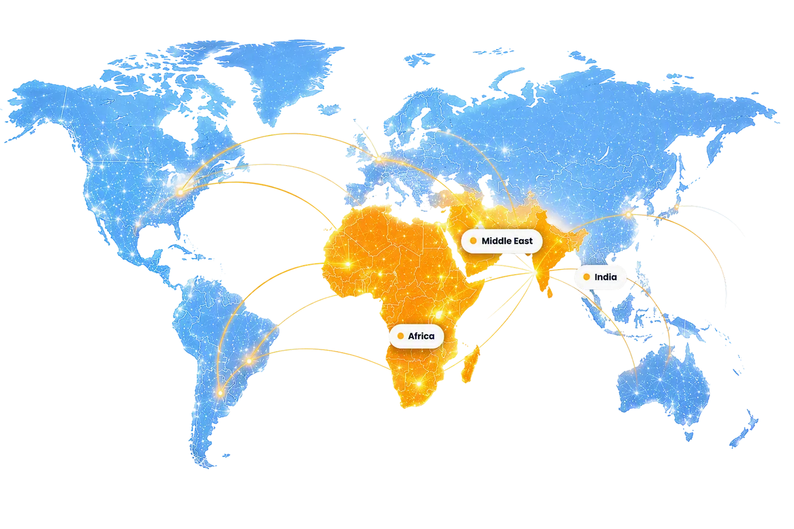 World map highlighting India, the Middle East and Africa with connected regions